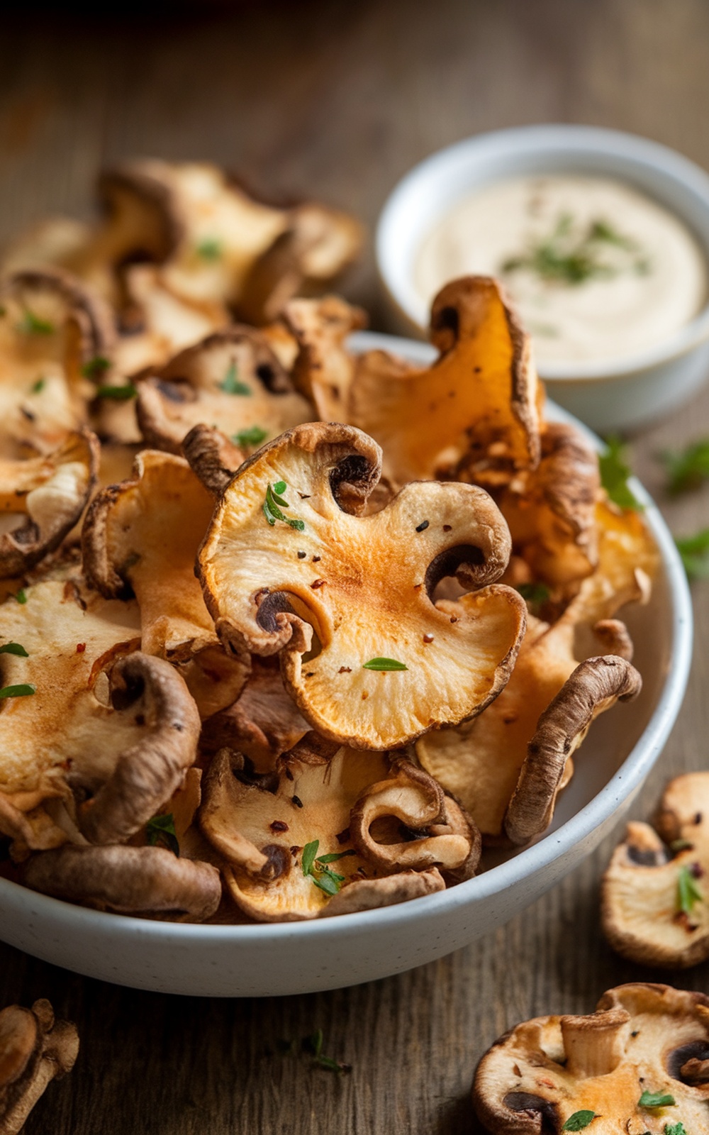 A bowl of golden crispy mushroom chips with herbs and a dipping sauce on a rustic table.