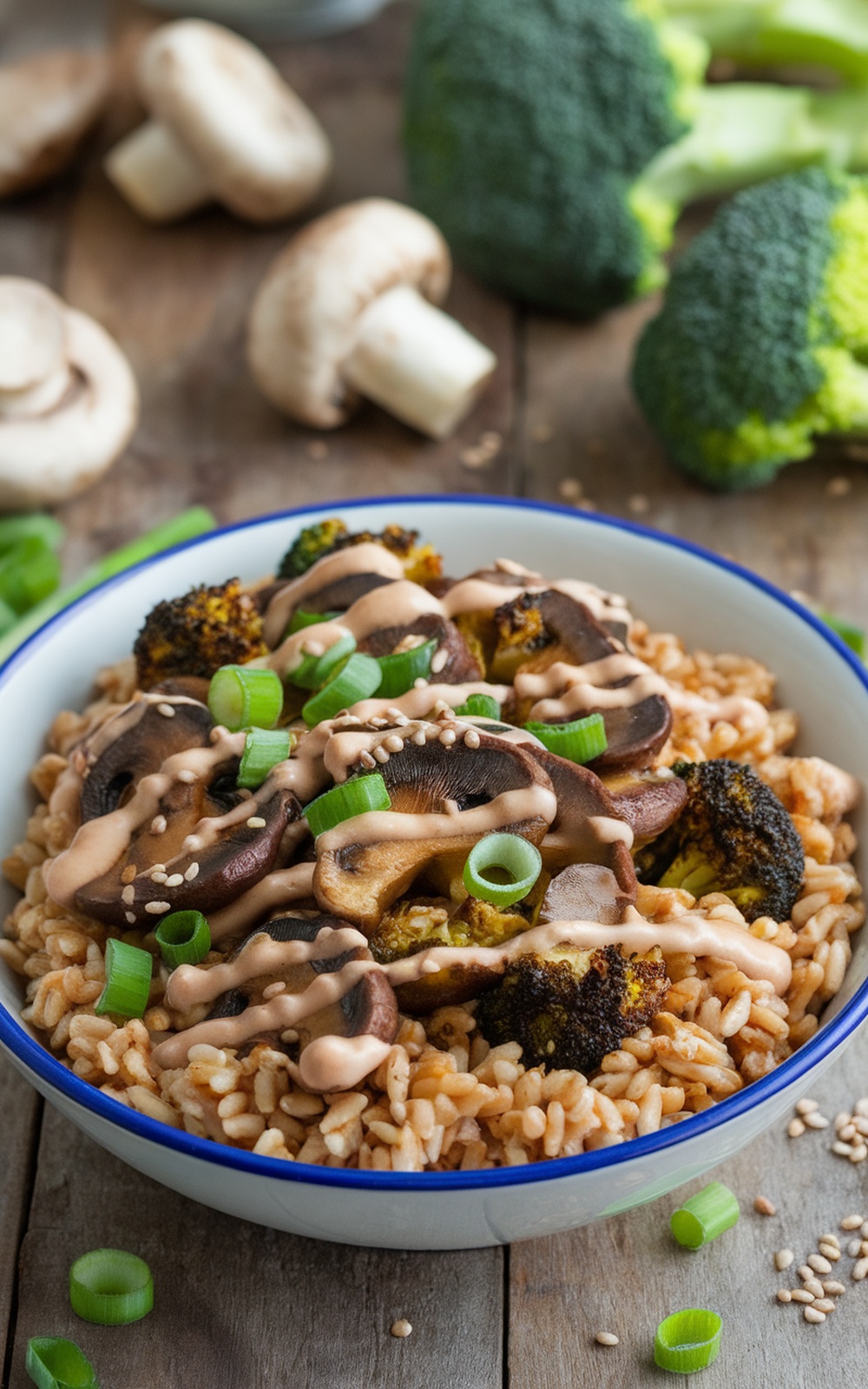 A colorful grain bowl with roasted mushrooms and broccoli, tahini-miso dressing, garnished with green onions and sesame seeds.