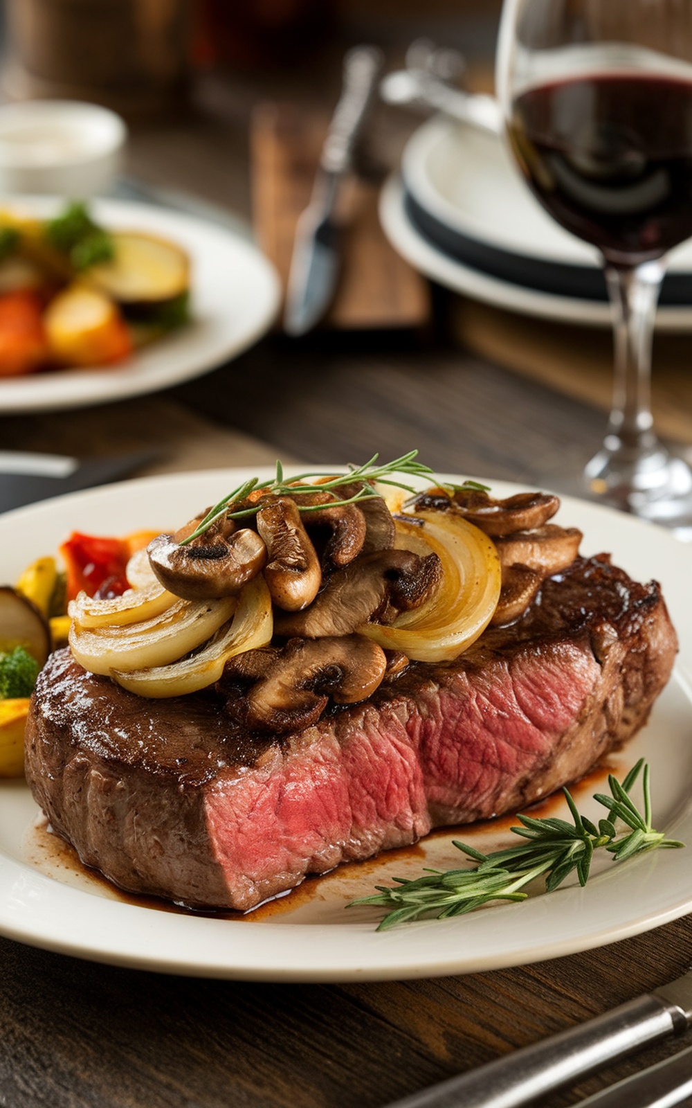 Ribeye steak topped with caramelized onions and mushrooms, served with roasted vegetables.