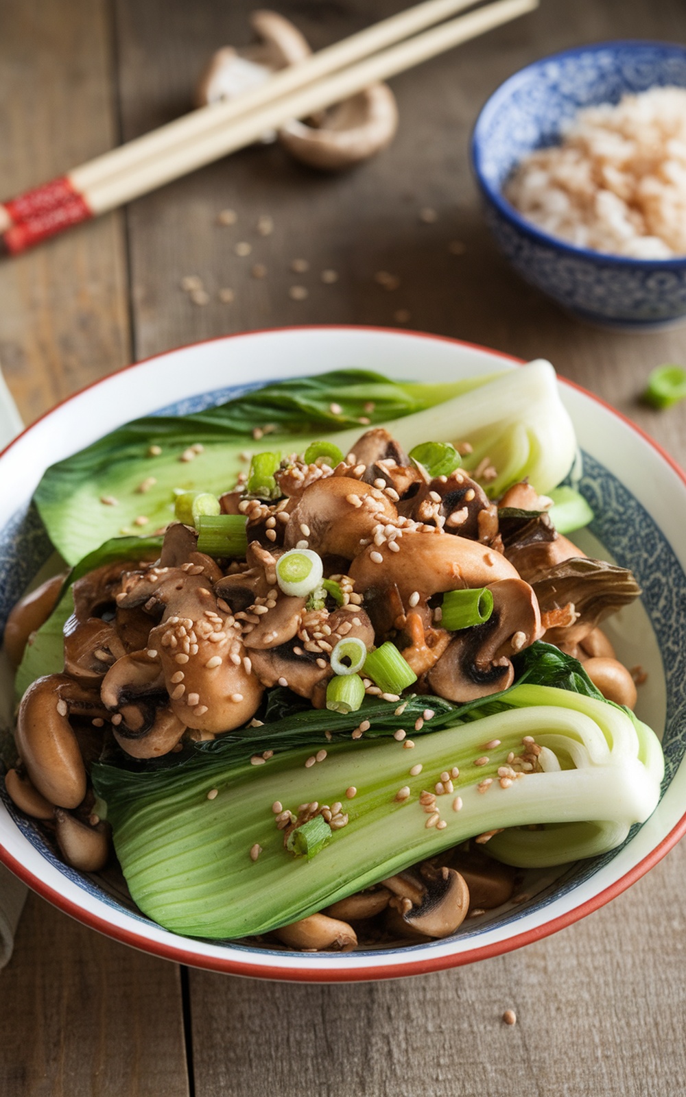 Bok choy and mushroom stir fry with ginger-tamarind glaze, garnished with sesame seeds and green onions, served in a bowl with chopsticks.