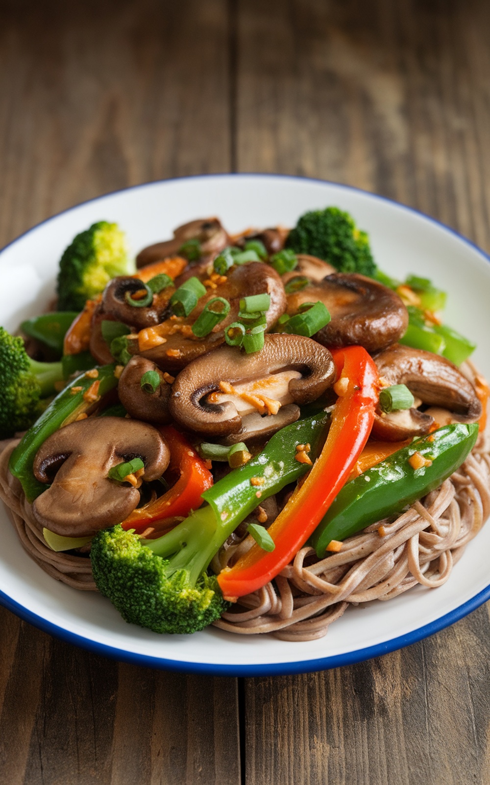 A vibrant mushroom and chicken stir fry with citrus miso glaze served over soba noodles, garnished with green onions.