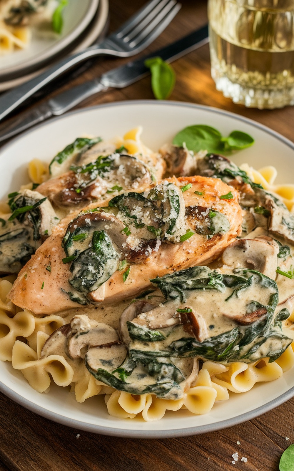 Creamy spinach and mushroom chicken served over pasta, garnished with herbs and cheese.