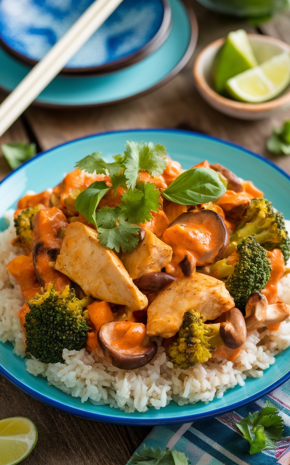 A colorful chicken broccoli and mushroom stir fry with red curry sauce, garnished with fresh herbs, served over rice.