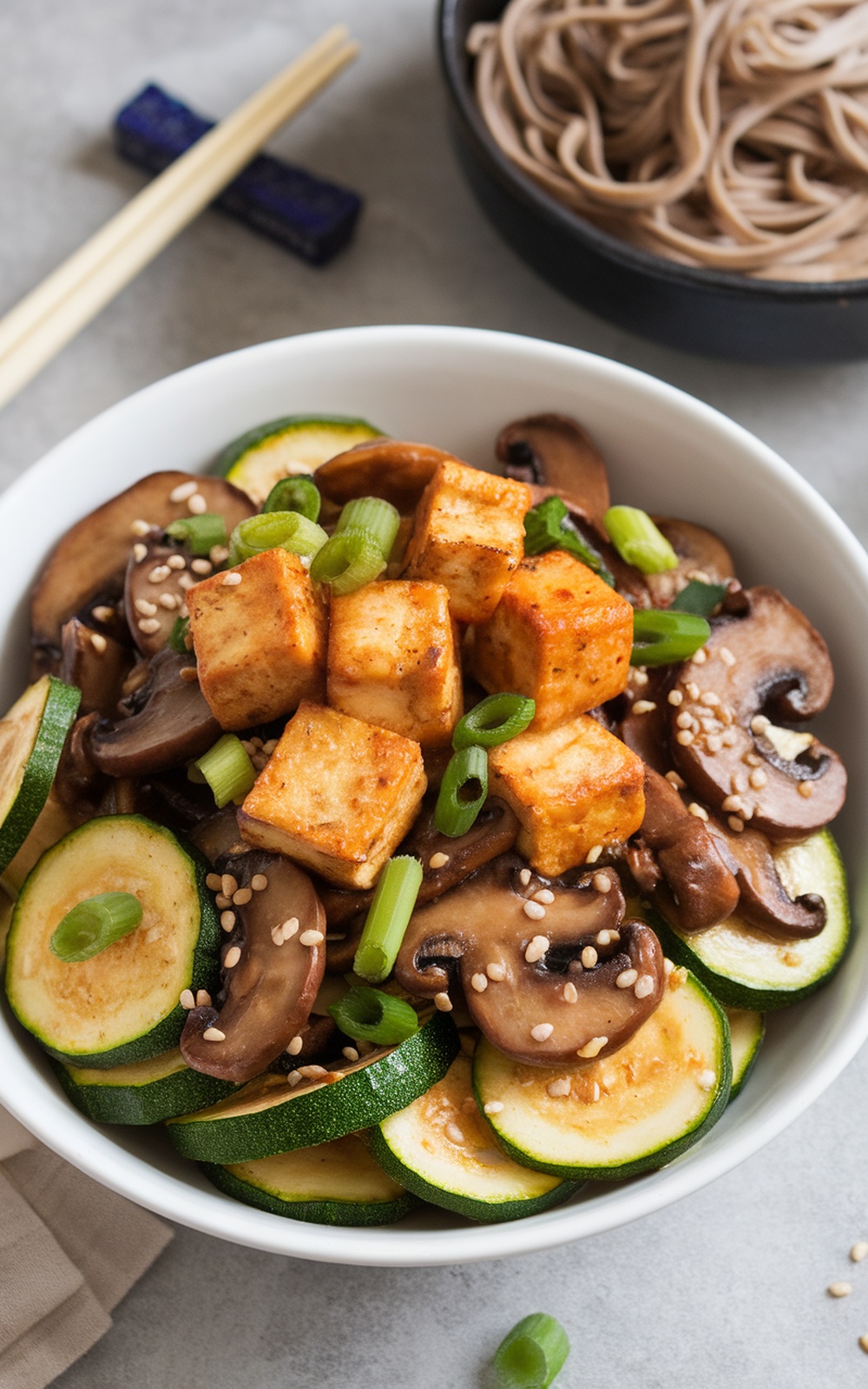 A colorful zucchini mushroom stir fry with crispy tofu, garnished with green onions and sesame seeds, served with soba noodles.
