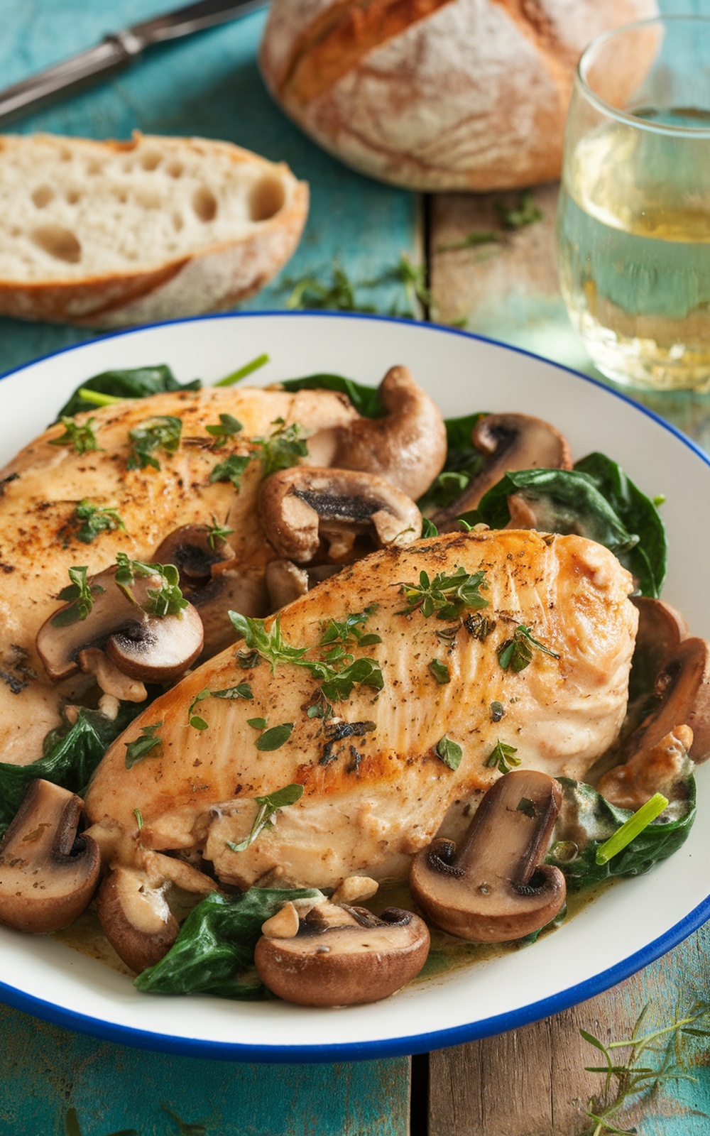 A delicious plate of Tuscan chicken with mushrooms and spinach, garnished with herbs, on a rustic table.