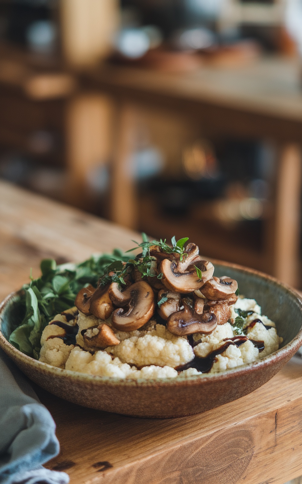 A bowl of cauliflower mash topped with sautéed mushrooms and herbs, served with a side salad.