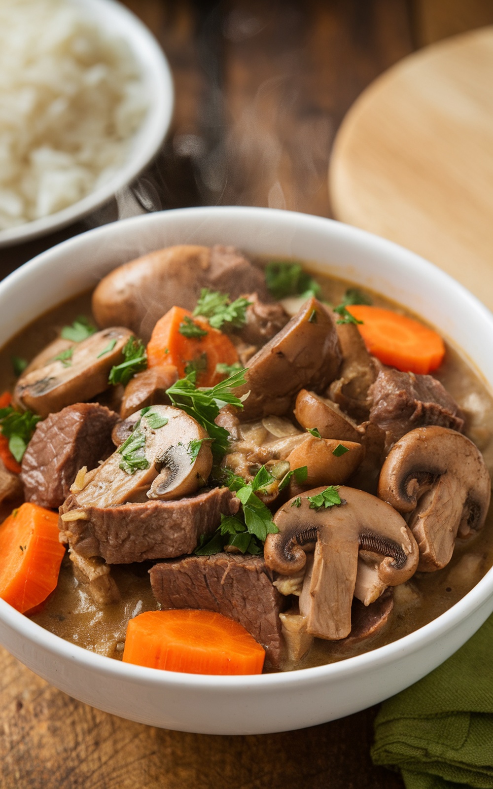 A bowl of beef and mushroom stew with carrots and parsley, served with rice on a rustic table.