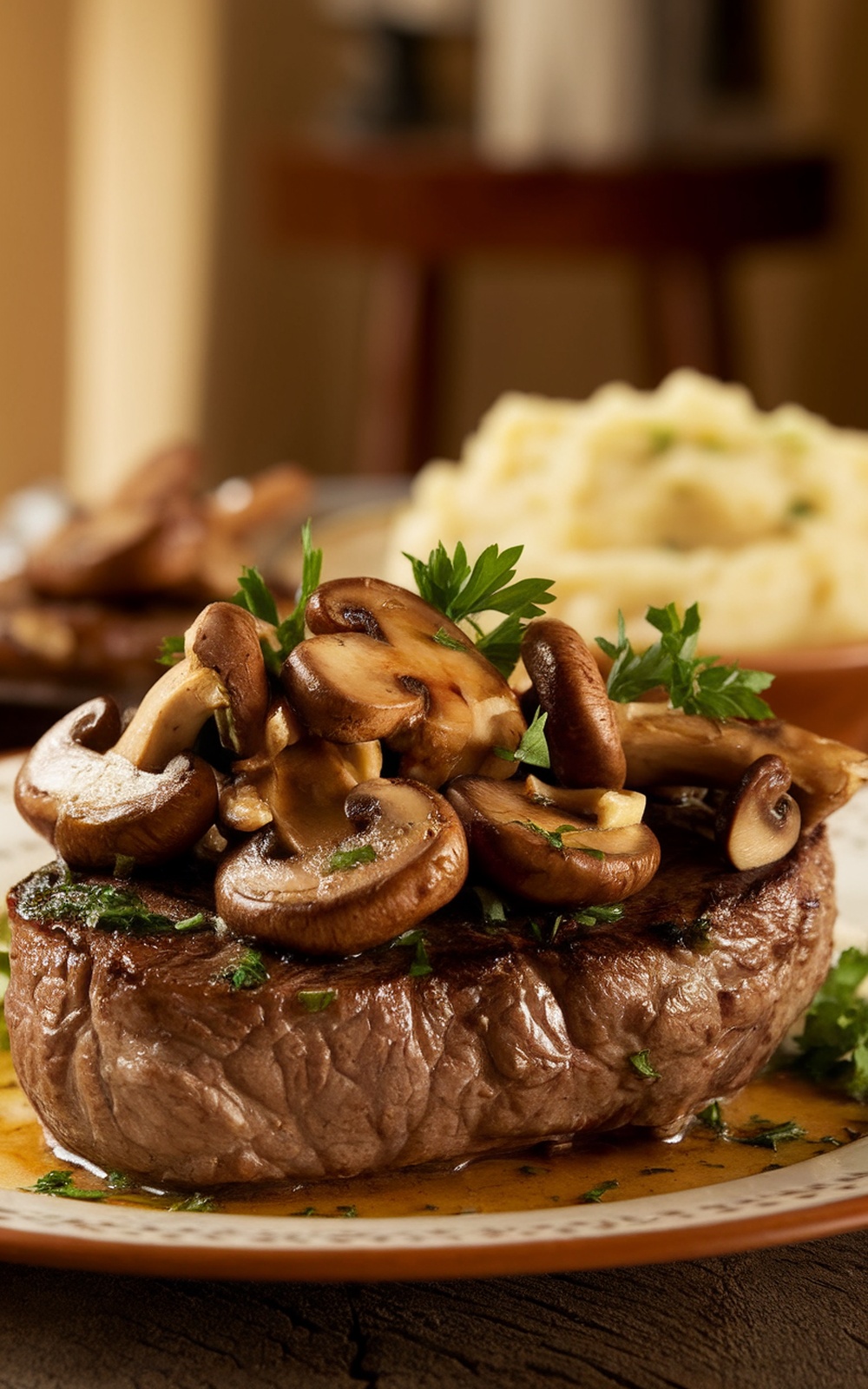 Sautéed mushrooms in a skillet, garnished with parsley, served over steak with mashed potatoes.