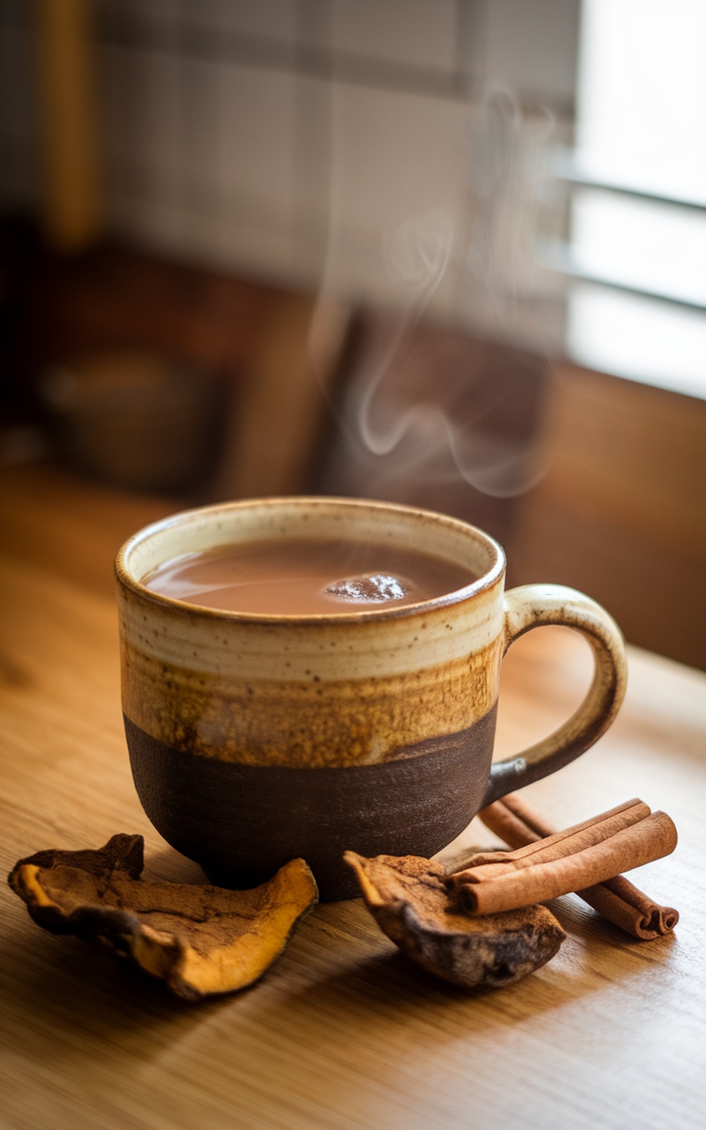A cup of chaga mushroom tea with dried chaga chunks and a cinnamon stick on a wooden table.