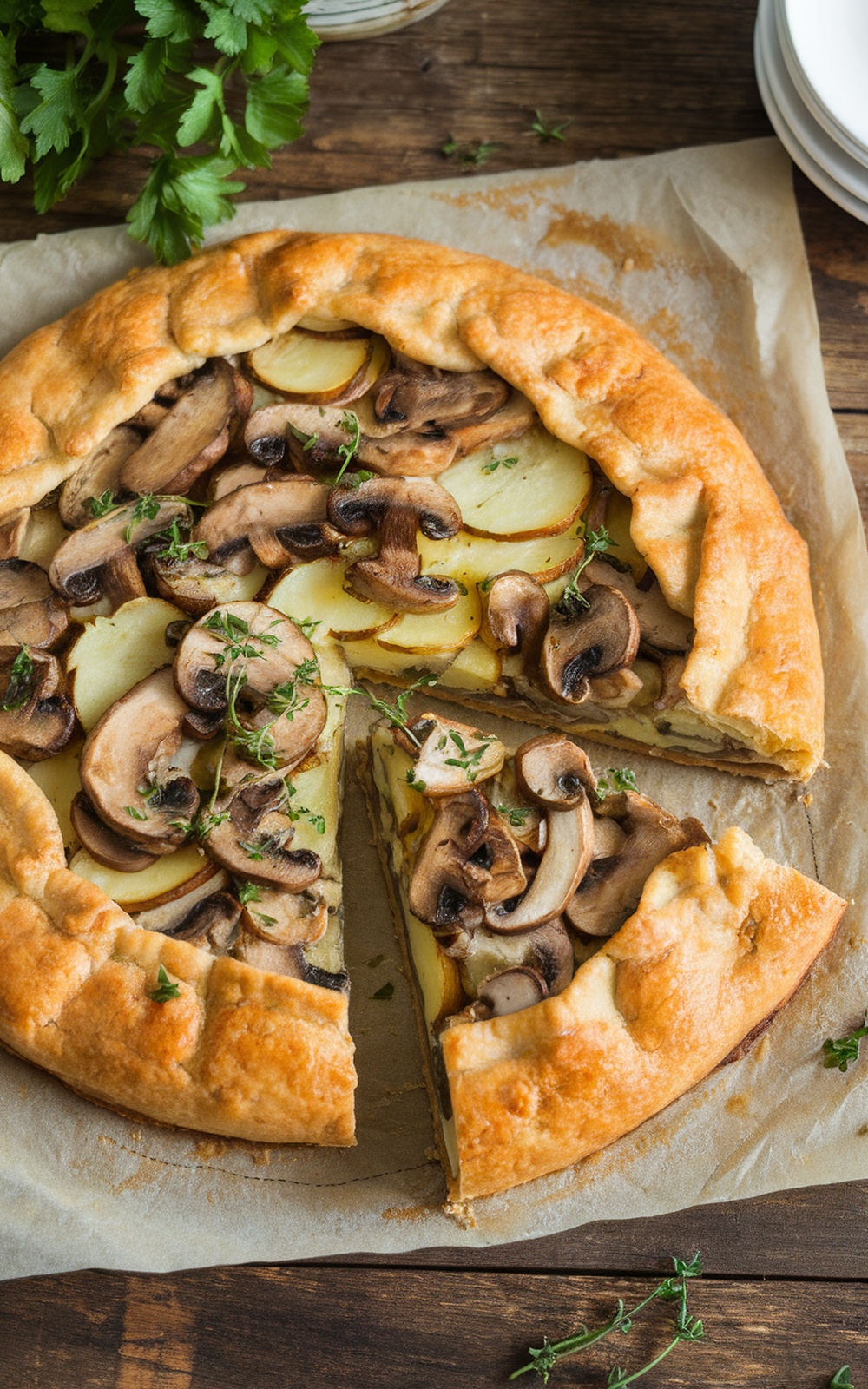 Herbed potato mushroom galette with golden crust, garnished with parsley and creamy sauce.