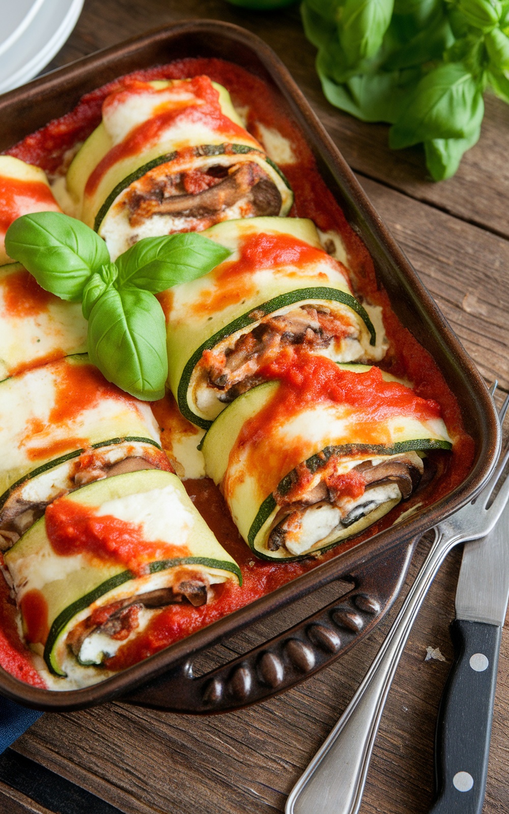 Zucchini & Mushroom Lasagna Roll-Ups topped with melted cheese and marinara sauce, garnished with basil, in a rustic baking dish.