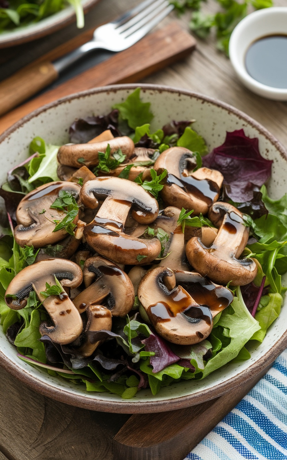 Warm garlic mushroom salad with sautéed mushrooms and mixed greens, garnished with parsley.