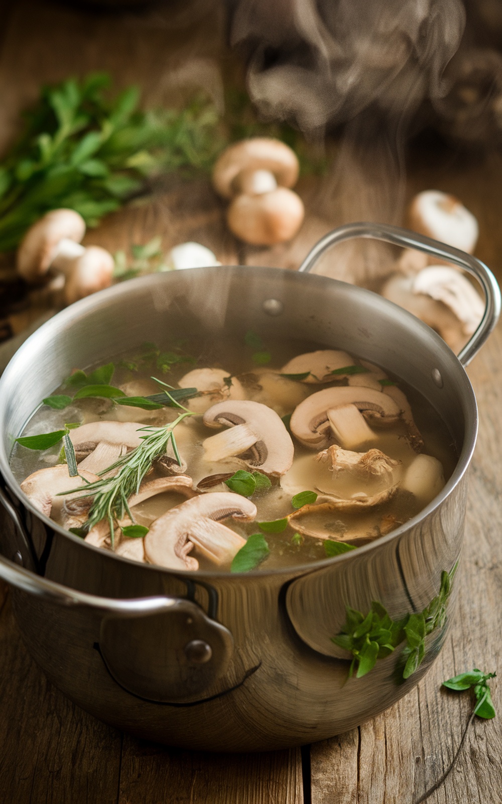 A pot of mushroom stock simmering with herbs and mushrooms on a wooden table.