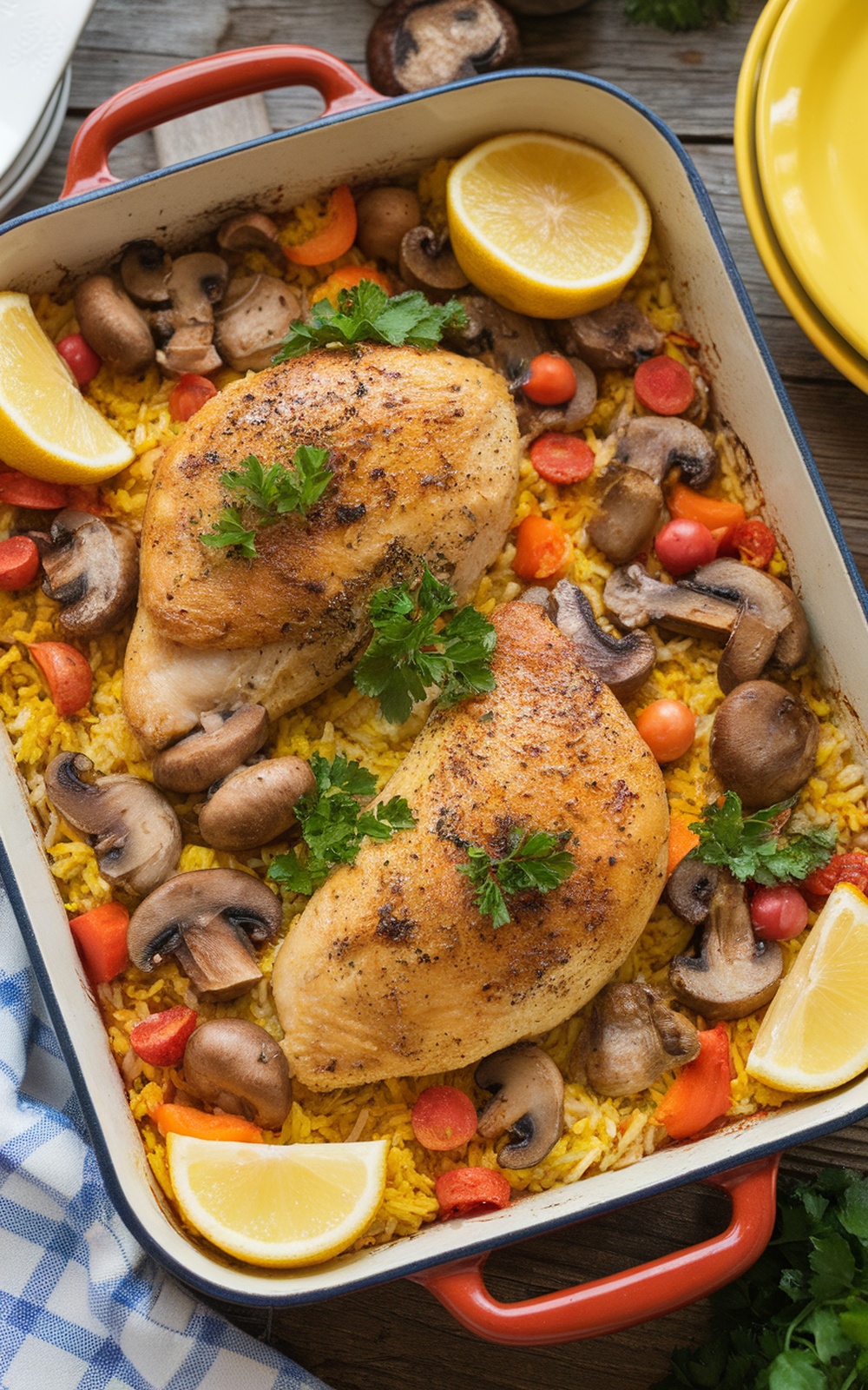 Mediterranean chicken rice mushroom casserole with roasted vegetables and lemon wedges.