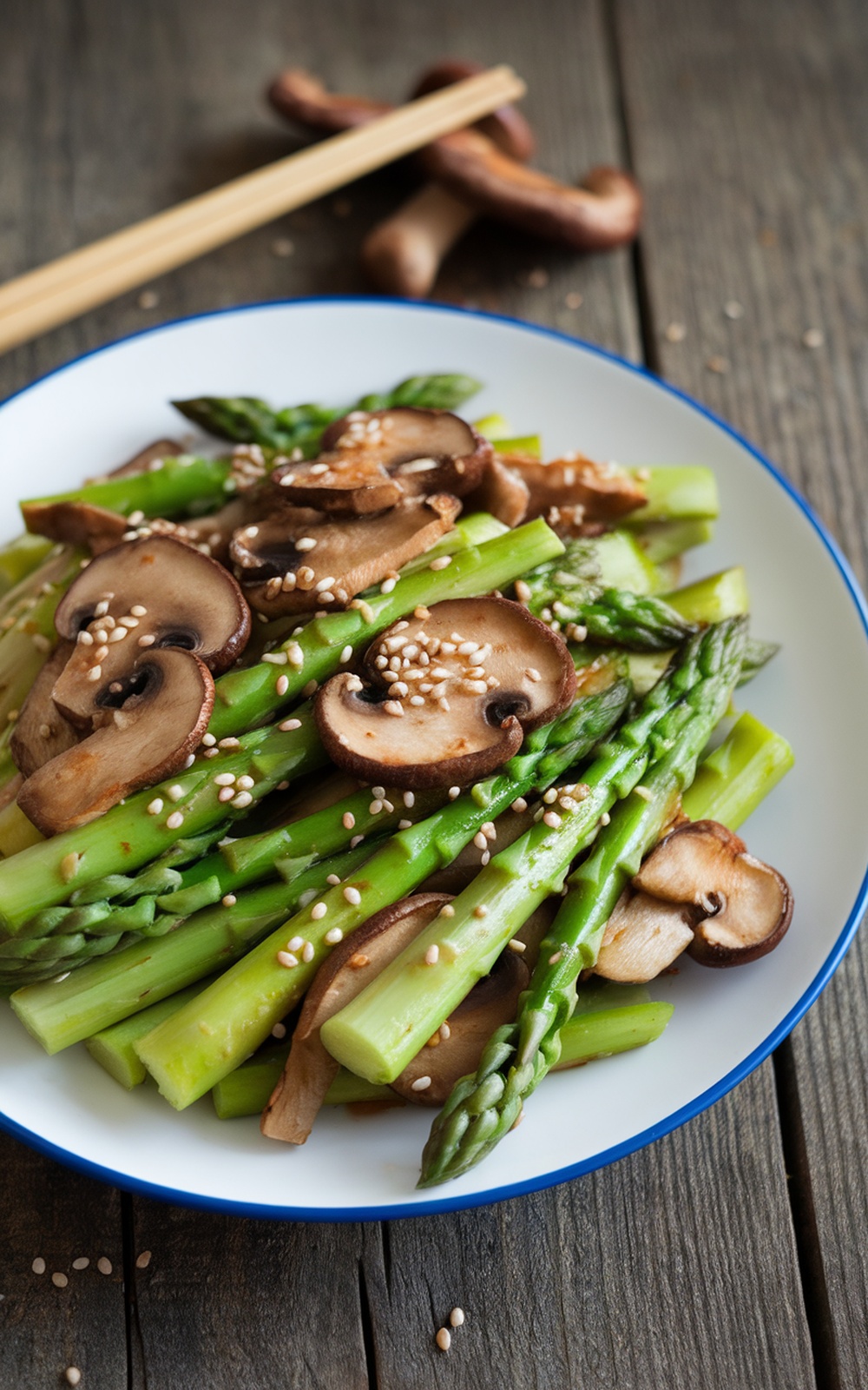 Stir fried asparagus and mushrooms garnished with sesame seeds on a rustic table.