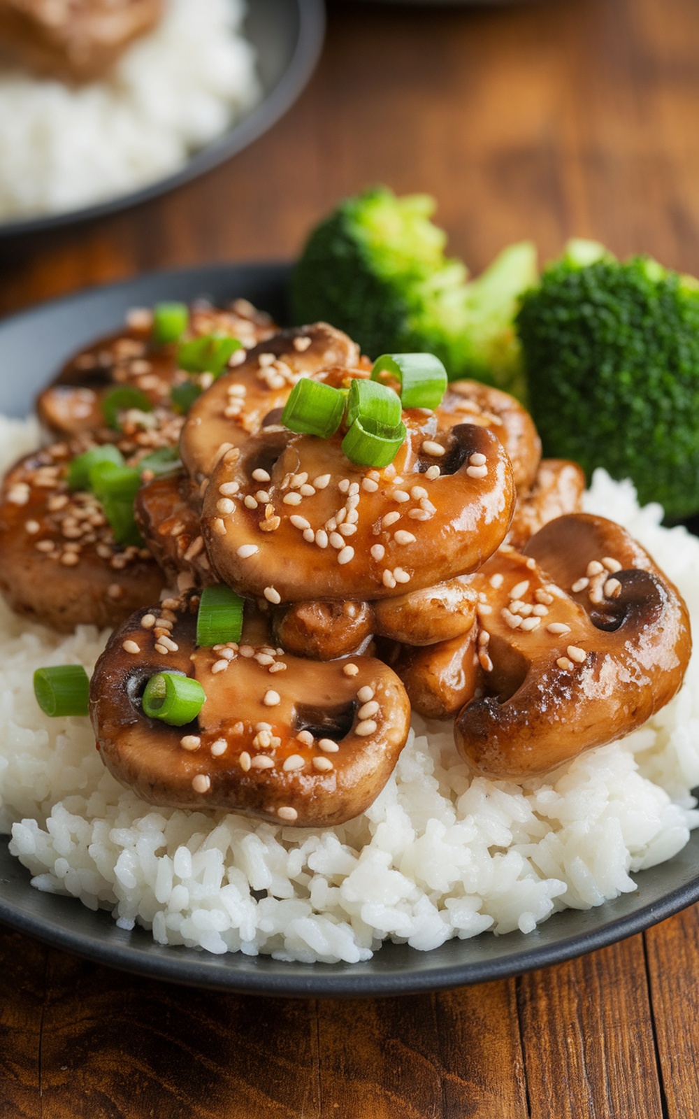 Teriyaki mushrooms on rice garnished with sesame seeds and green onions, with steamed broccoli on the side.