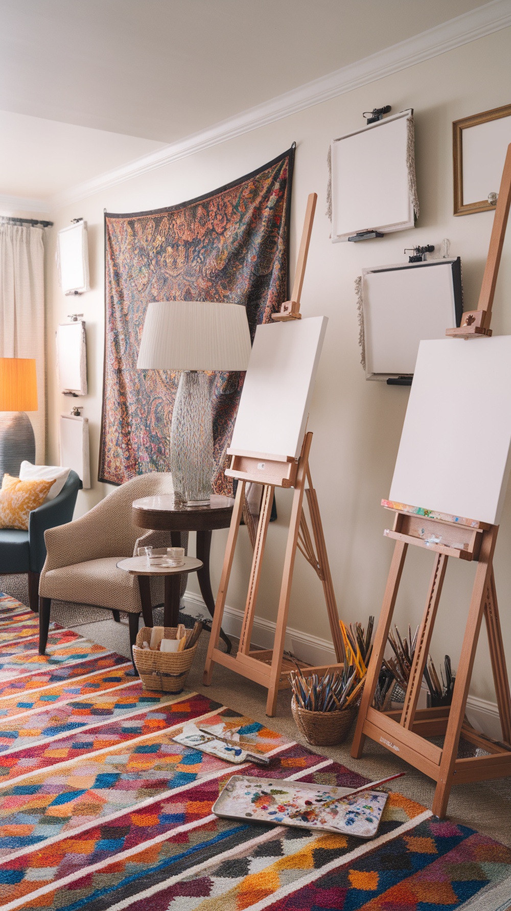 A cozy artistic space with easels, colorful rugs, and a comfortable chair, perfect for a guest suite.