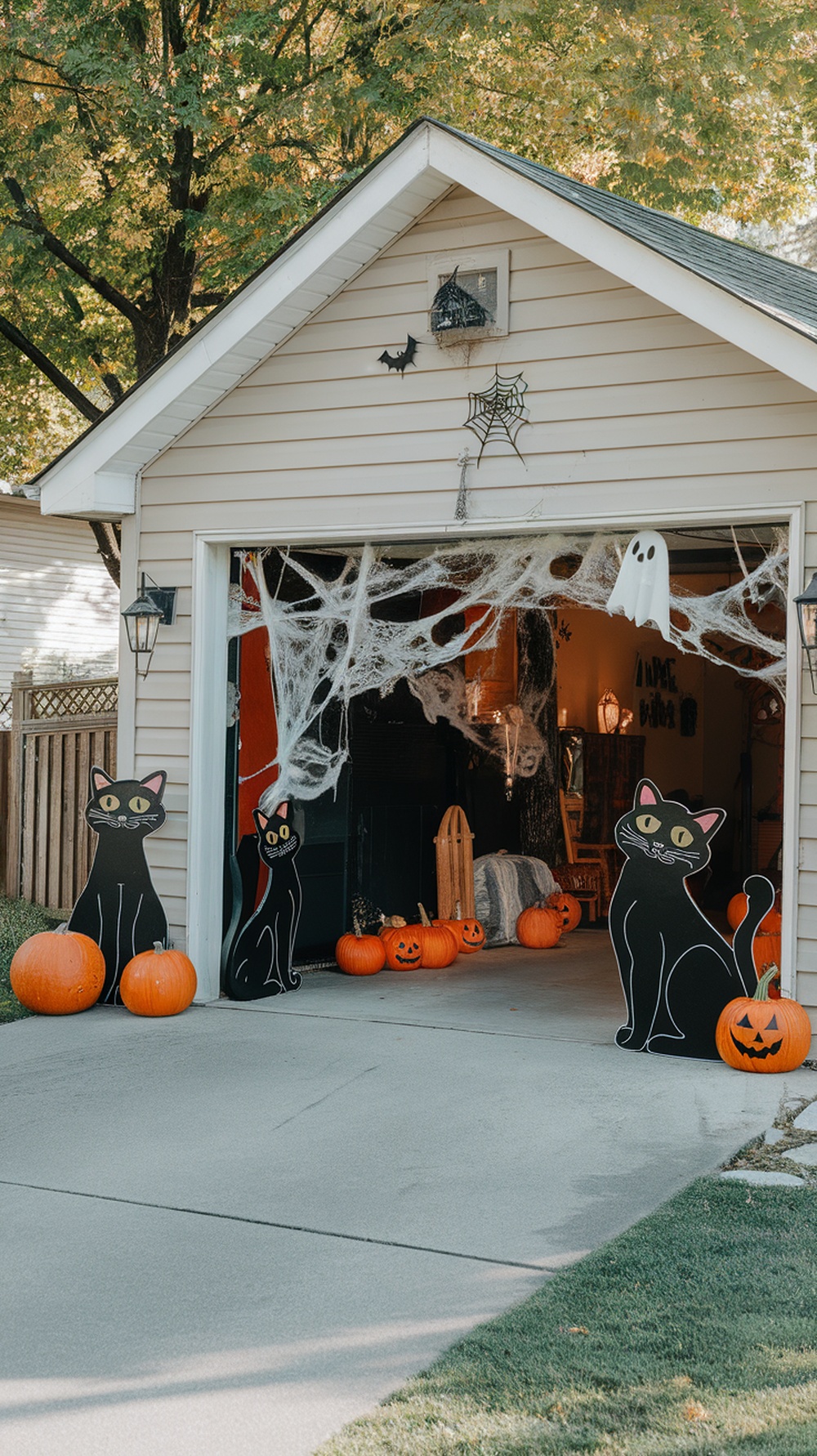 A garage decorated for Halloween with black cat cutouts, pumpkins, and spider webs.
