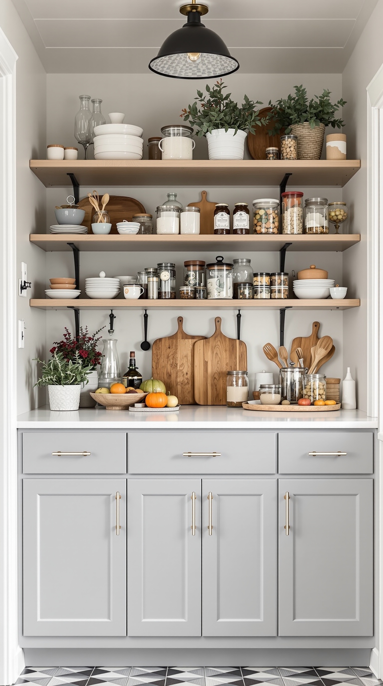A stylish garage pantry with open shelving, jars, and organized kitchen tools.