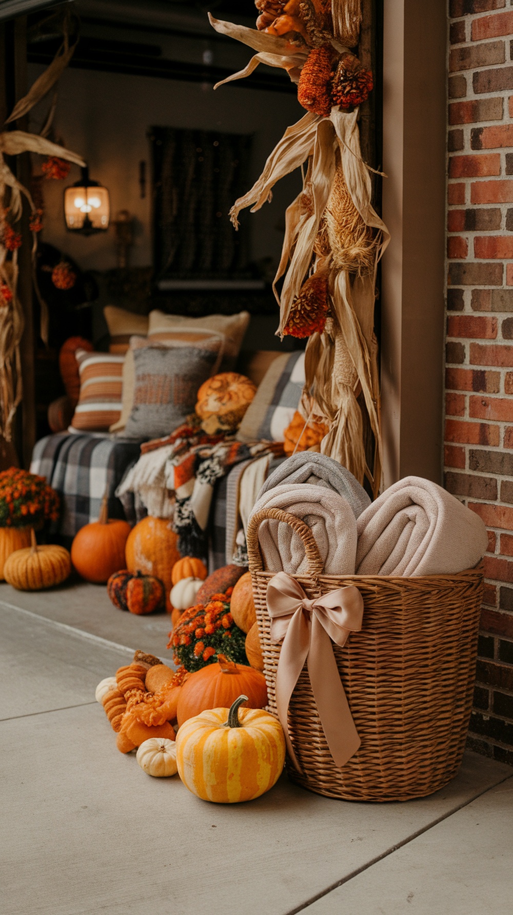 A cozy blanket basket filled with rolled blankets, surrounded by pumpkins and fall decorations.