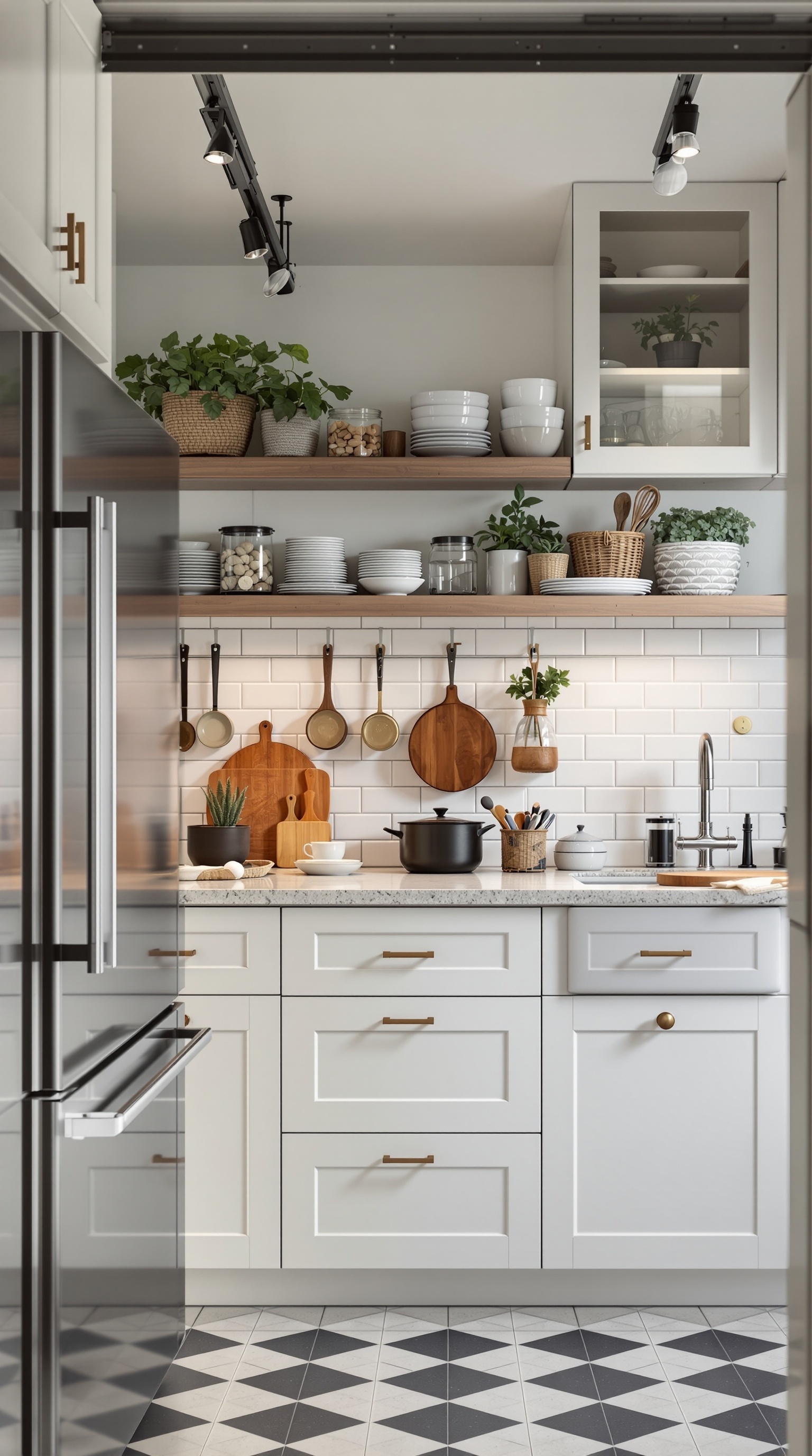 A modern kitchen with organized shelves, plants, and cooking utensils, showcasing a stylish garage conversion.