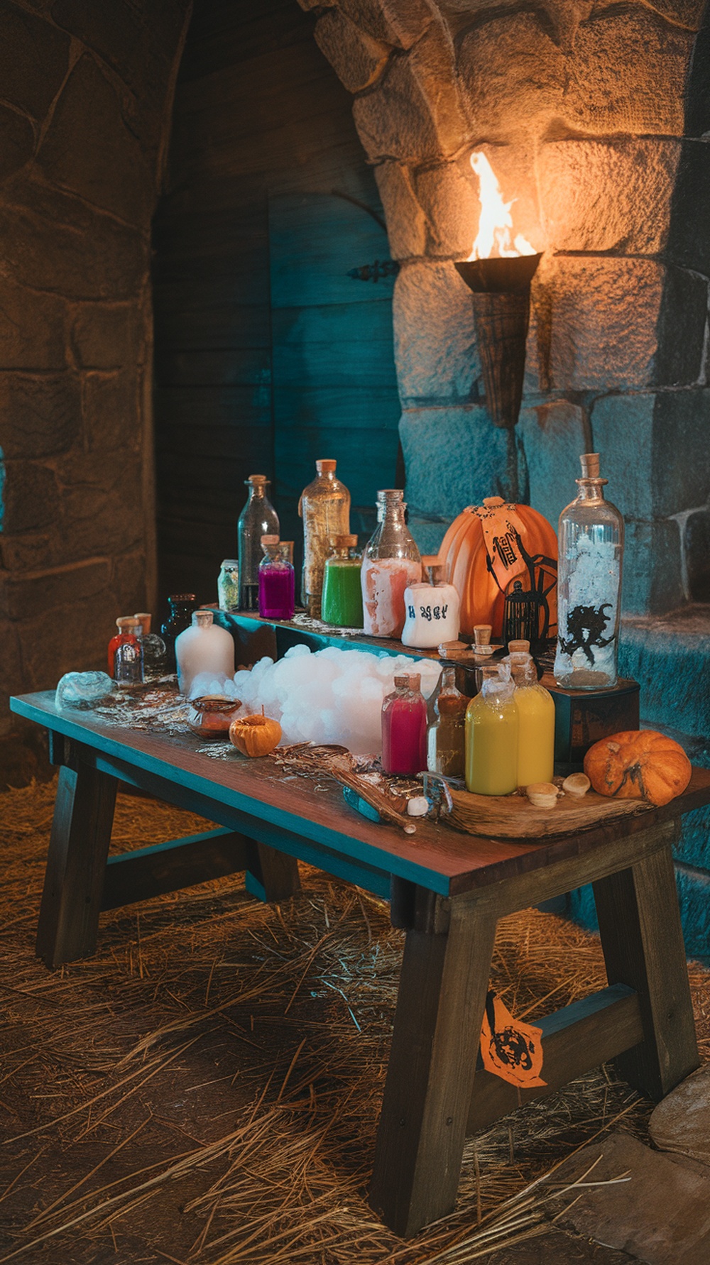 A DIY potion station with colorful bottles, a pumpkin, and spooky decorations on a wooden table.
