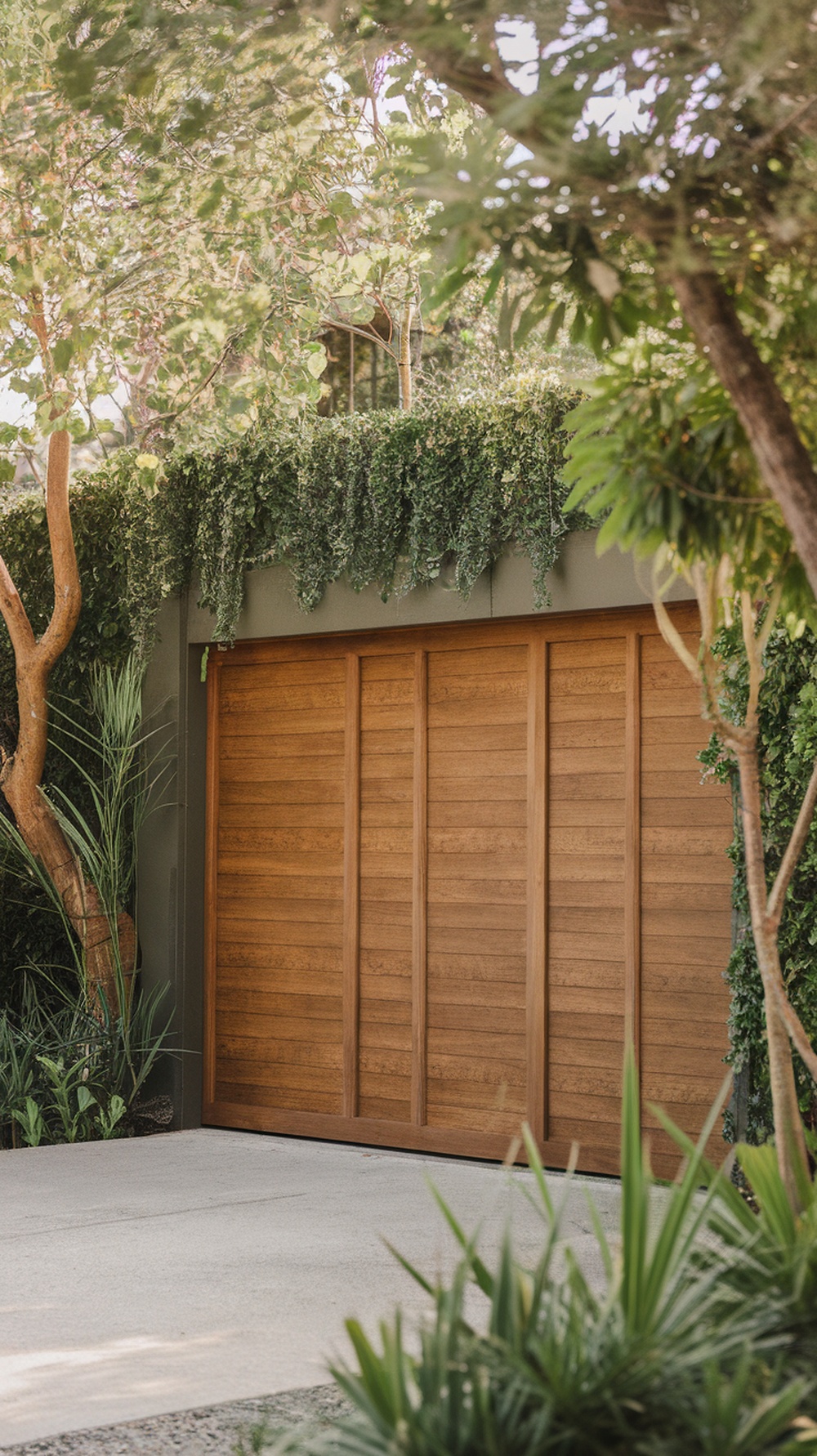 A modern wooden garage door surrounded by lush greenery