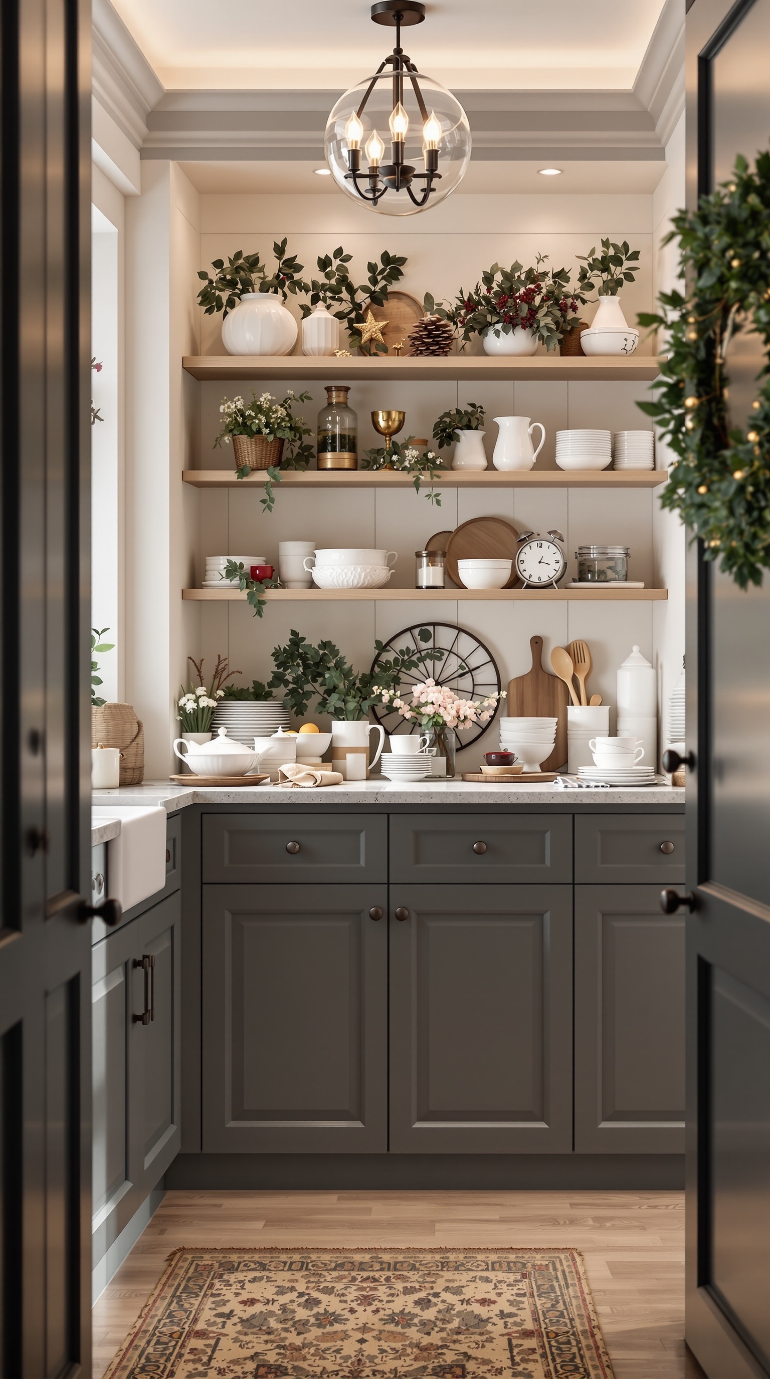A stylish kitchen area with open shelving, neatly arranged dishes, and charming decor.