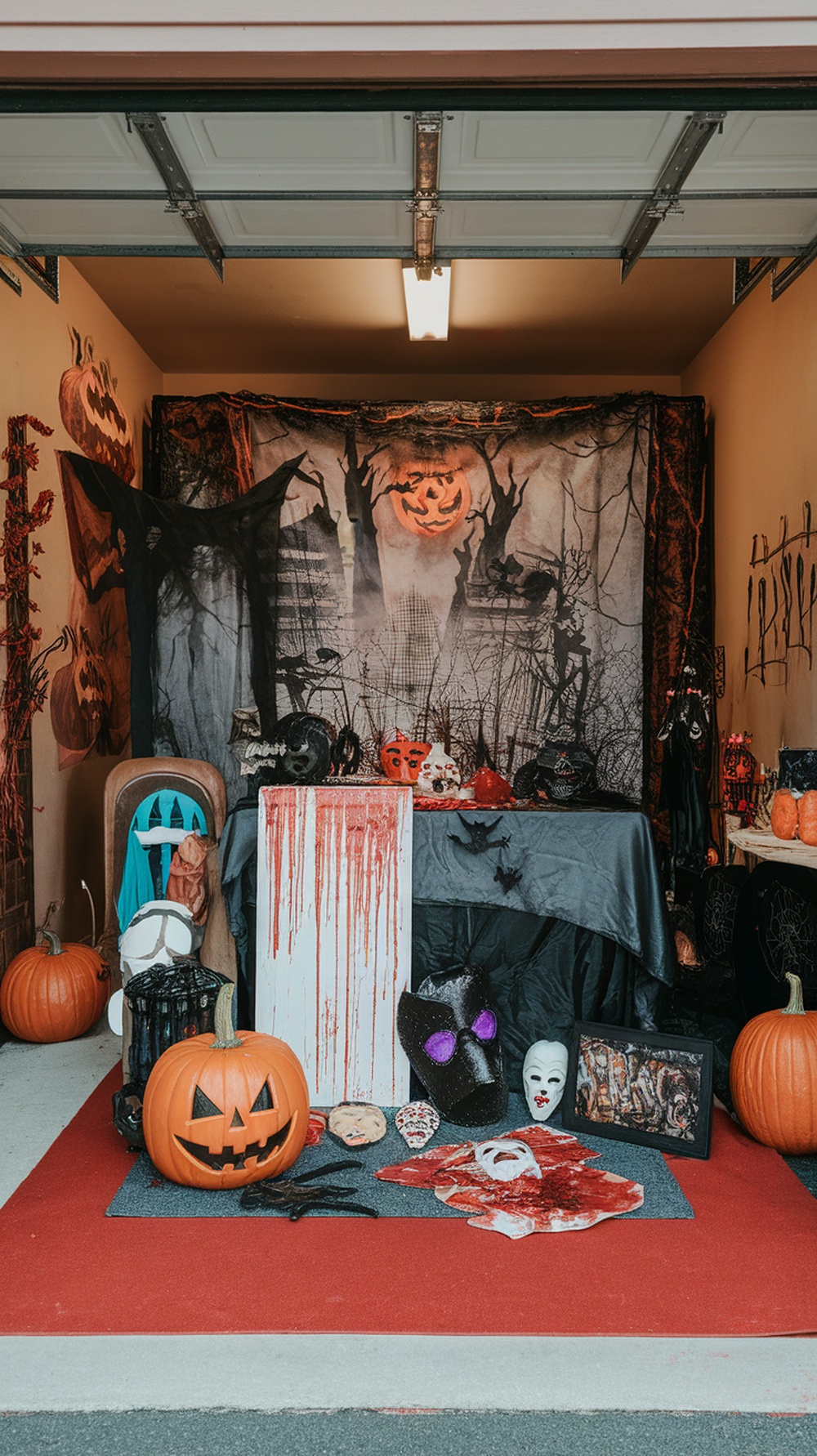 A gory photo booth area decorated for Halloween, featuring a backdrop with spooky elements, a table with fake blood, pumpkins, and various creepy props.