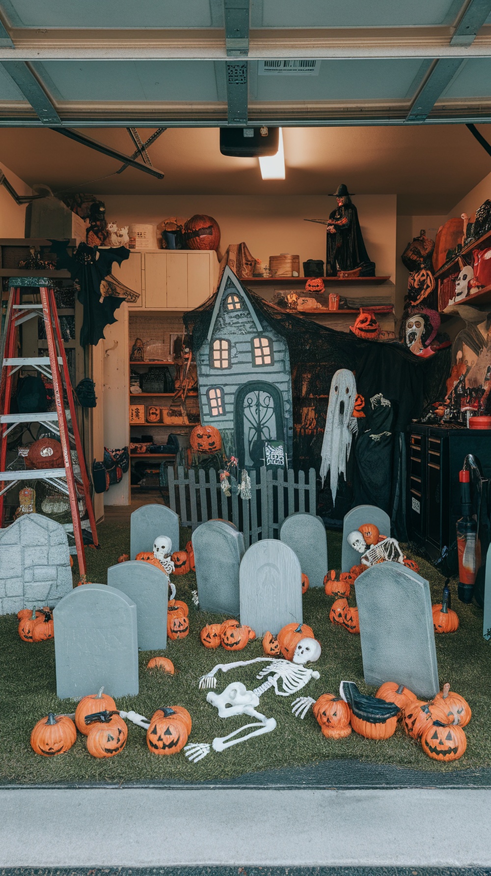 A spooky garage decorated as a graveyard scene with tombstones, pumpkins, and skeletons.