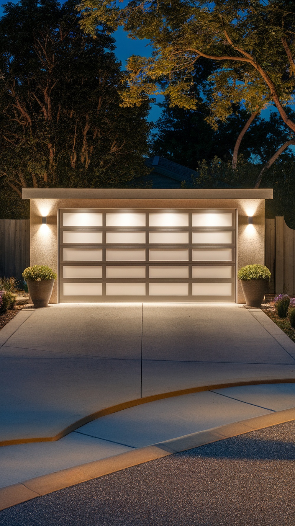A modern illuminated garage door with stylish lighting at night.