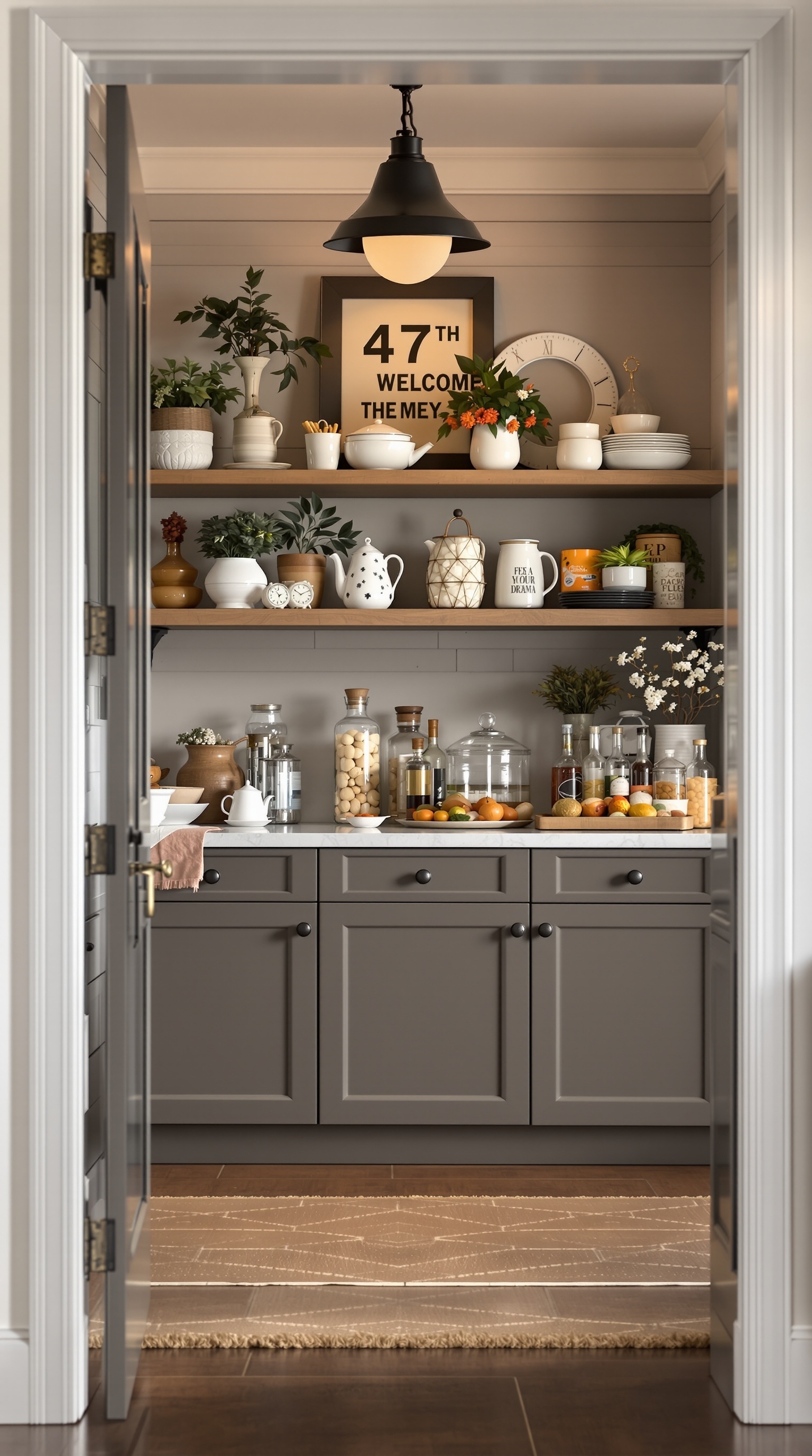 A well-organized butler's pantry with shelves of dishes and decorative items, showcasing a welcoming space for guests.
