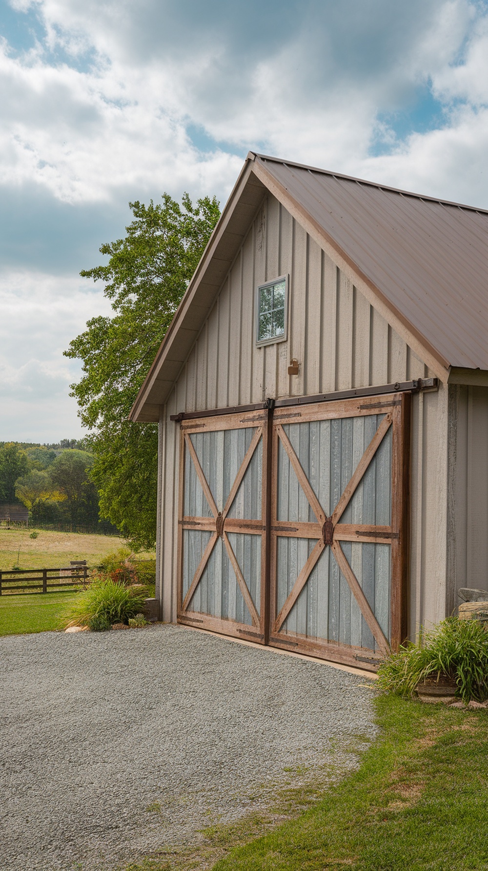 A rustic sliding barn door on a garage with a scenic background.