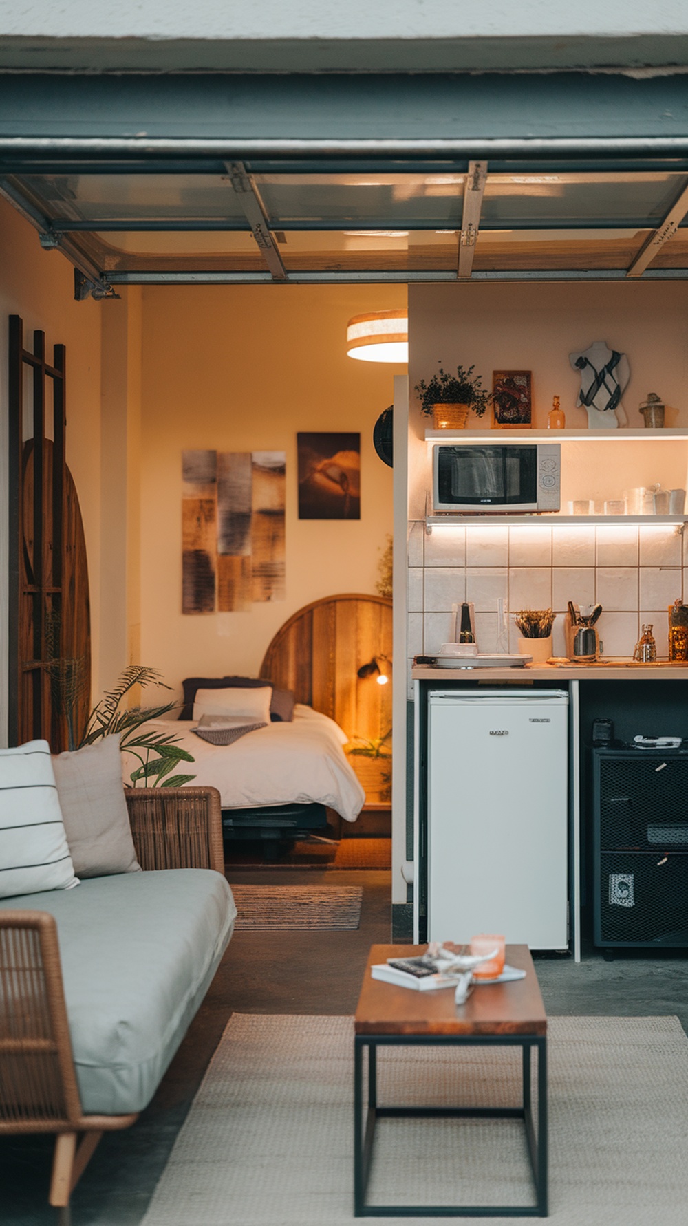 Cozy all-in-one studio apartment with a sofa, kitchenette, and bed