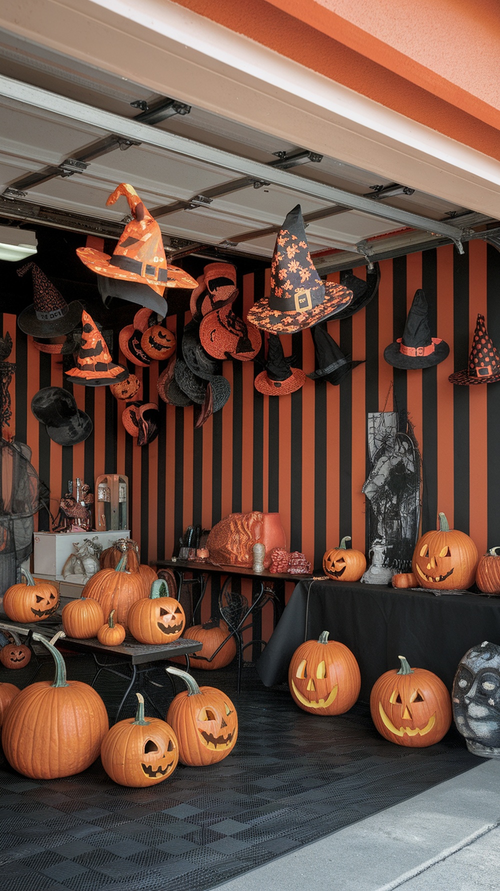 A garage decorated for Halloween with hanging witch hats and carved pumpkins.