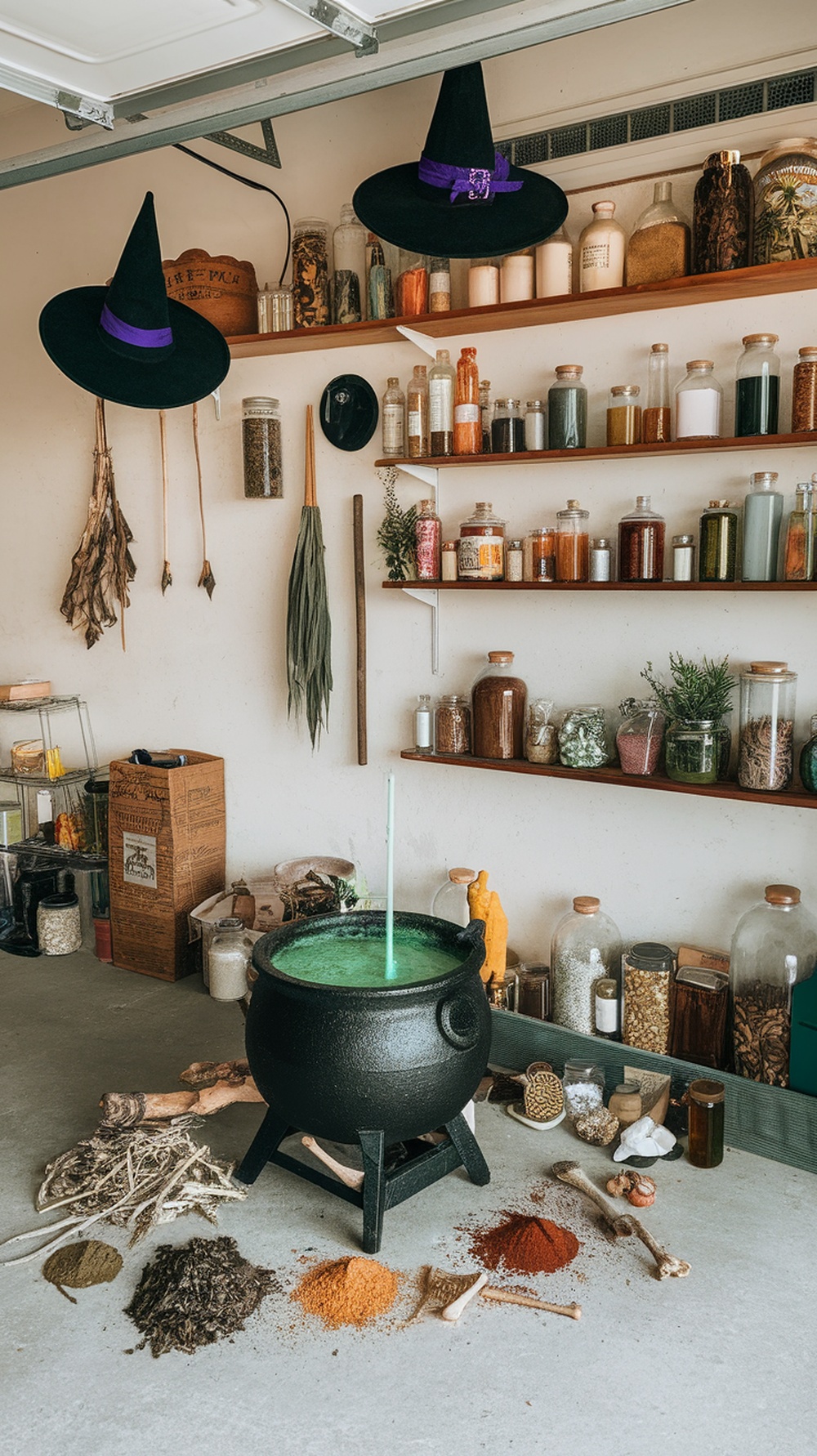 A witch's cauldron with green liquid surrounded by herbs and spices in a decorated garage.