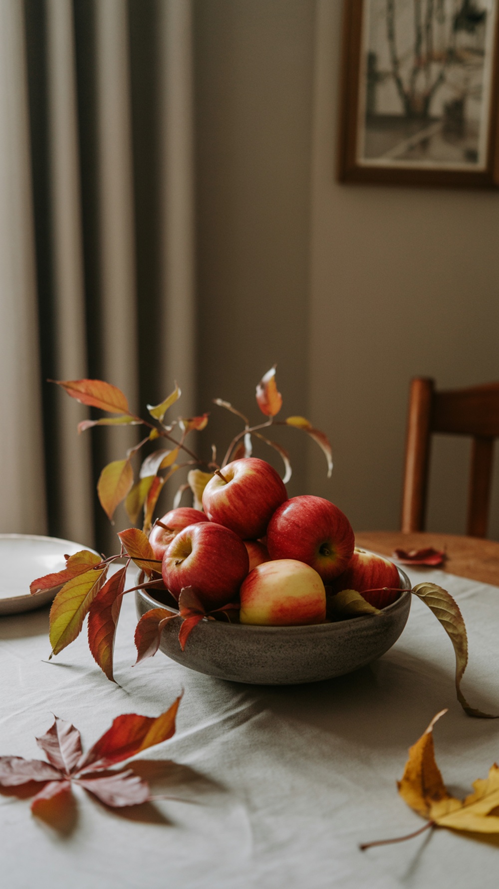 A bowl of red apples surrounded by autumn leaves on a table.