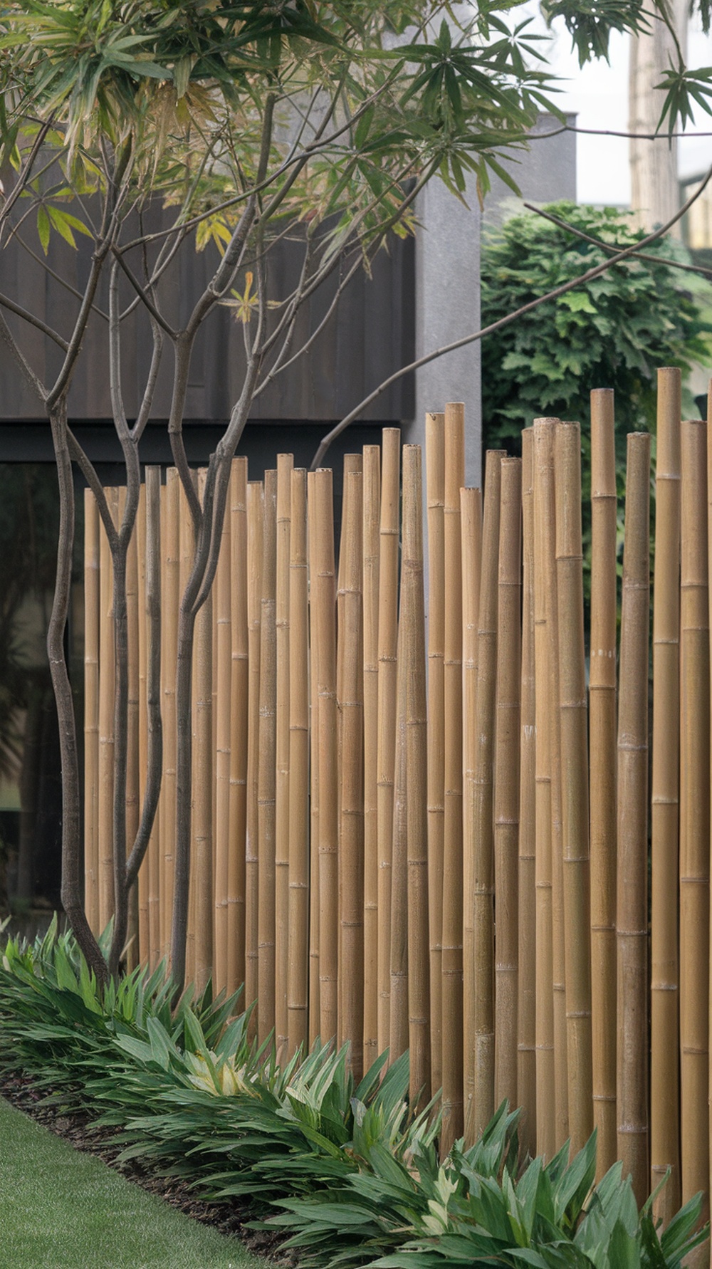 A bamboo privacy screen with tall stalks and lush green plants at the base.
