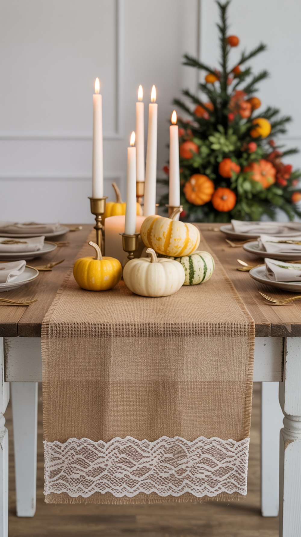 A fall centerpiece featuring a burlap table runner with lace trim, mini pumpkins, and candles.