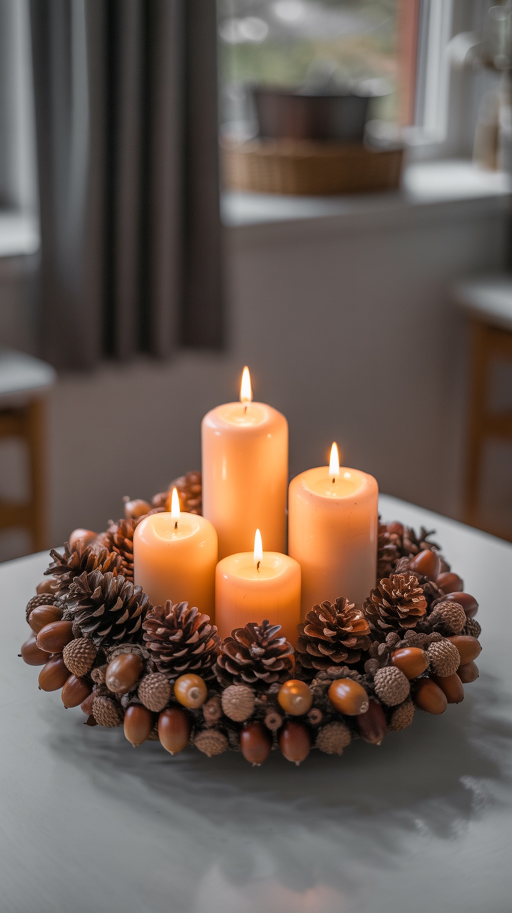A candlelit centerpiece featuring four candles surrounded by acorns and pinecones.