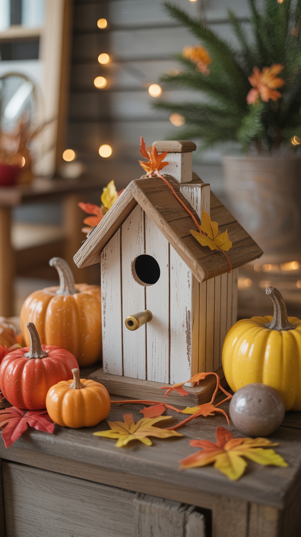 A charming birdhouse surrounded by pumpkins and autumn leaves, creating a cozy fall centerpiece.