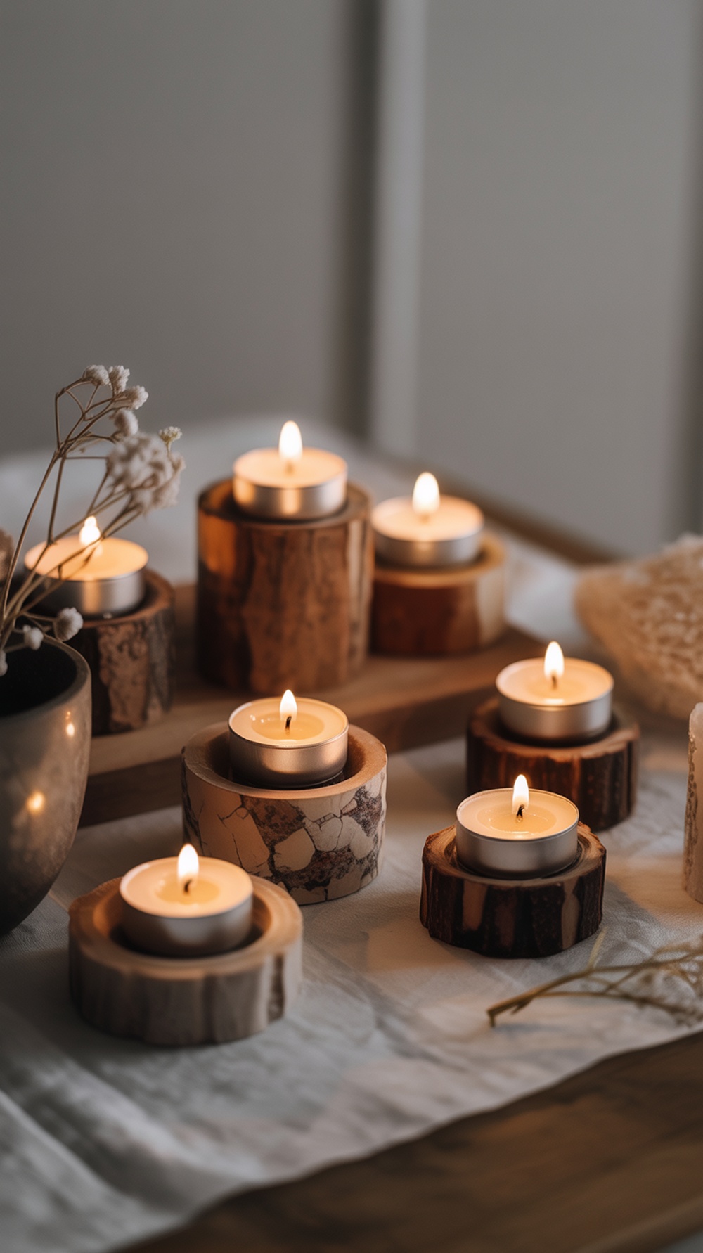 A collection of wooden tea light holders with candles, arranged on a table with dried flowers.