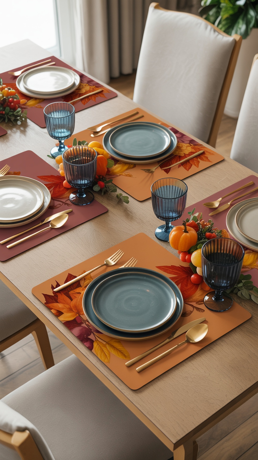 A dining table set with colorful table mats featuring autumn leaves, plates, and glasses.