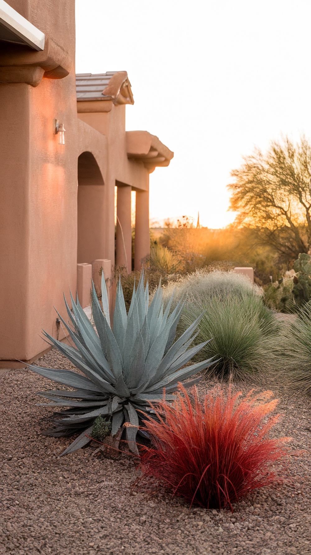 Desert landscaping featuring agave and red grass in front of a house