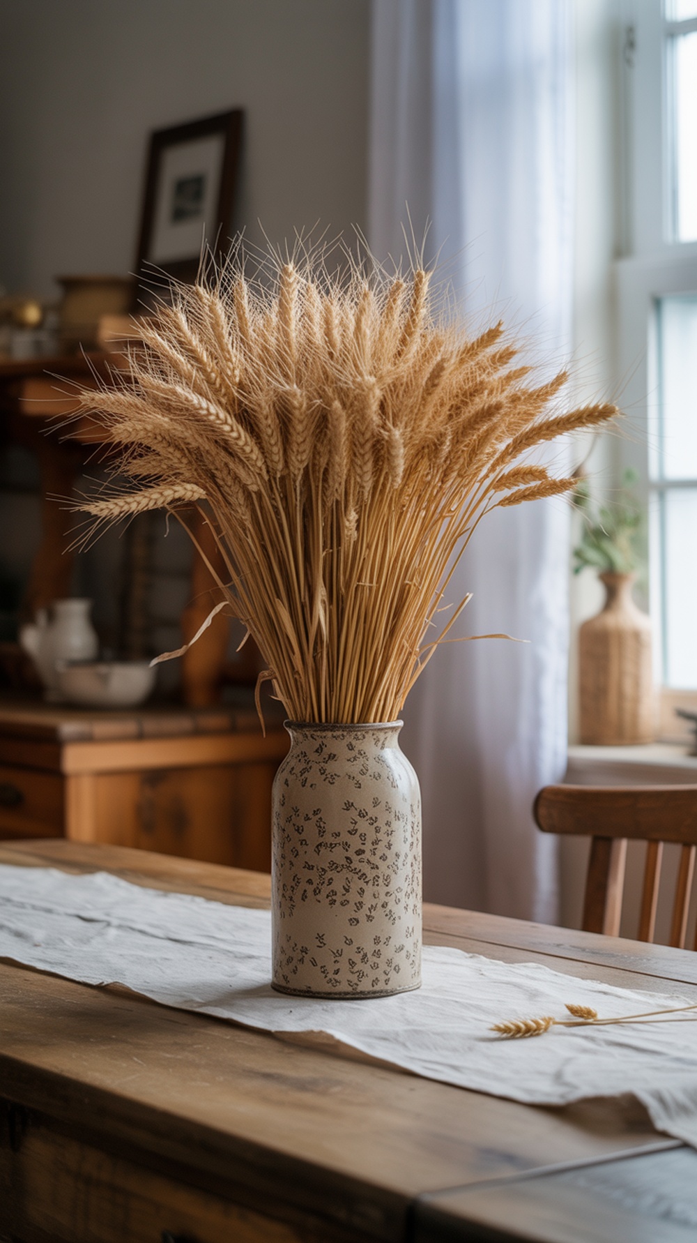 A dried wheat sheaf centerpiece in a decorative vase on a wooden table.