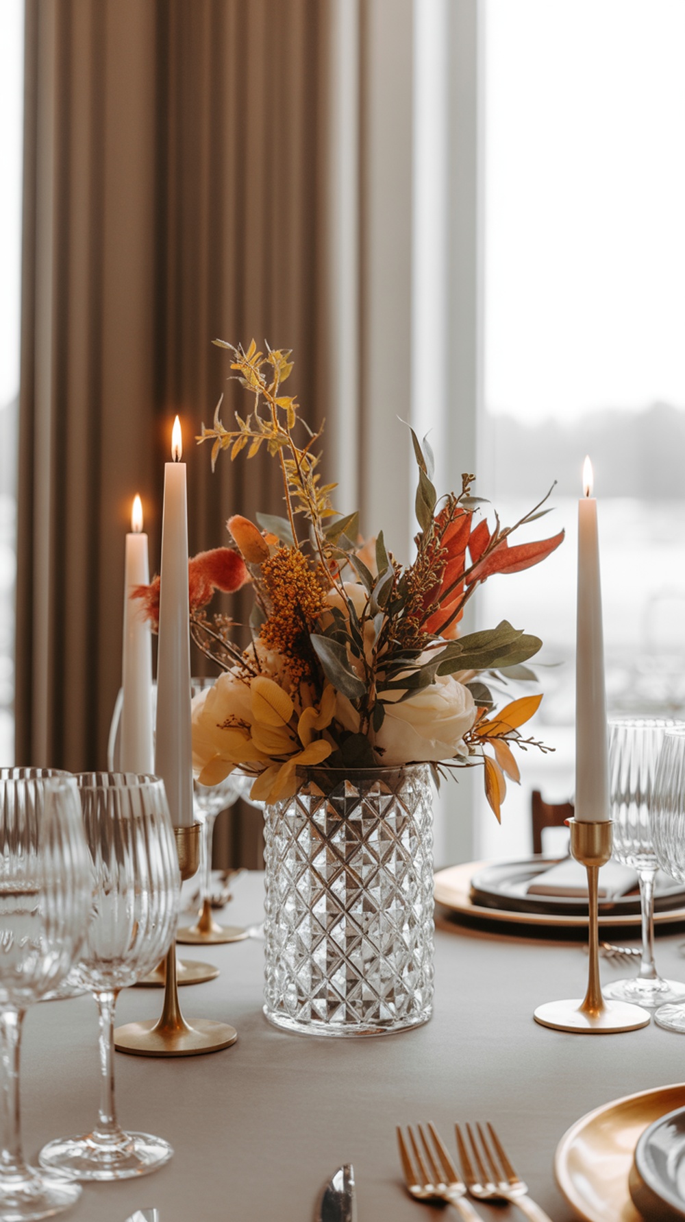 A table set with a crystal vase of autumn flowers, white candles, and elegant glassware.