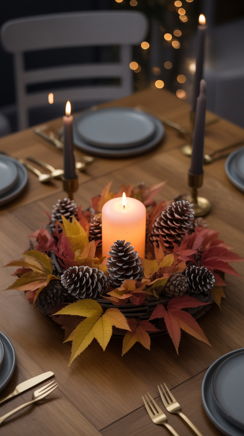 A fall centerpiece featuring colorful leaves and pinecones surrounding a candle on a wooden table.