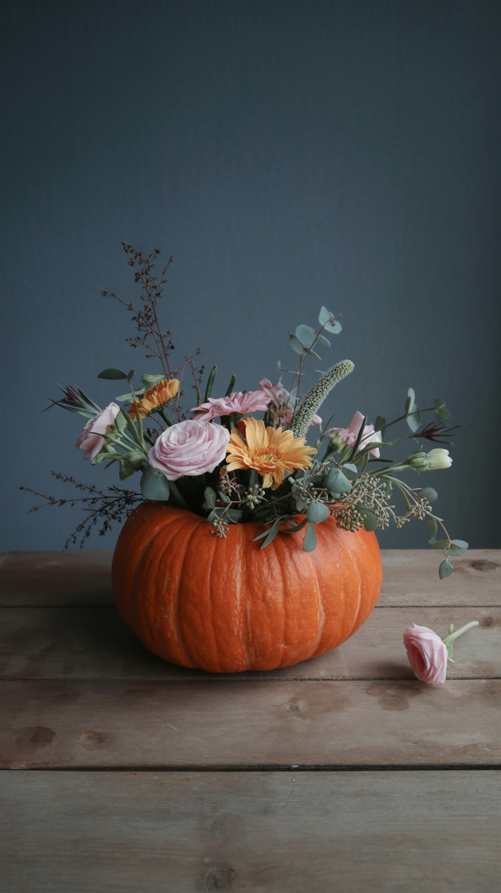 A floral arrangement in a carved pumpkin, featuring pink roses, yellow daisies, and eucalyptus leaves.