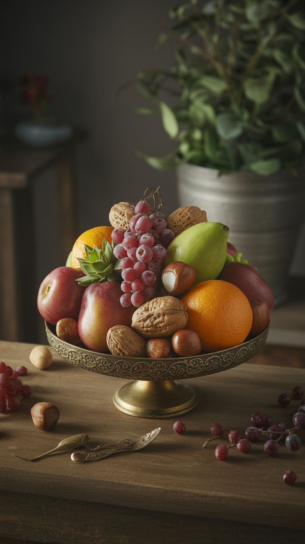 A decorative bowl filled with various fruits and nuts, including apples, oranges, grapes, and almonds, set on a wooden table.