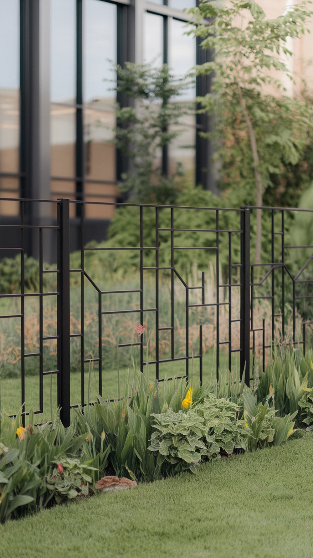 A modern geometric metal fence with plants in front